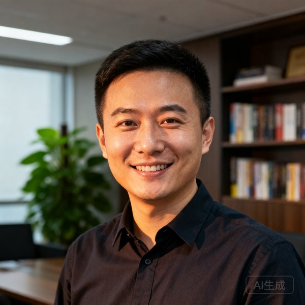 51直播创始人张磊的正面半身照，他穿着深色衬衫面带微笑，背景是办公室的书架和绿植，展现出沉稳干练的气质。