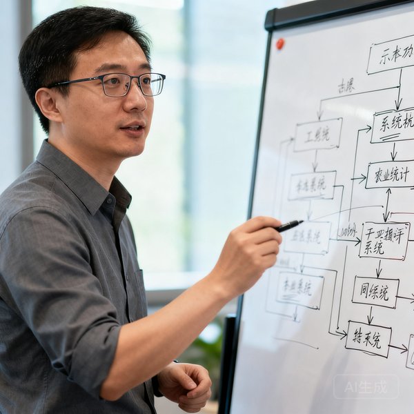 CTO陈明远的侧面半身照，他戴着眼镜正在讲解技术架构，白板上画满了系统设计图，体现了深厚的技术功底。