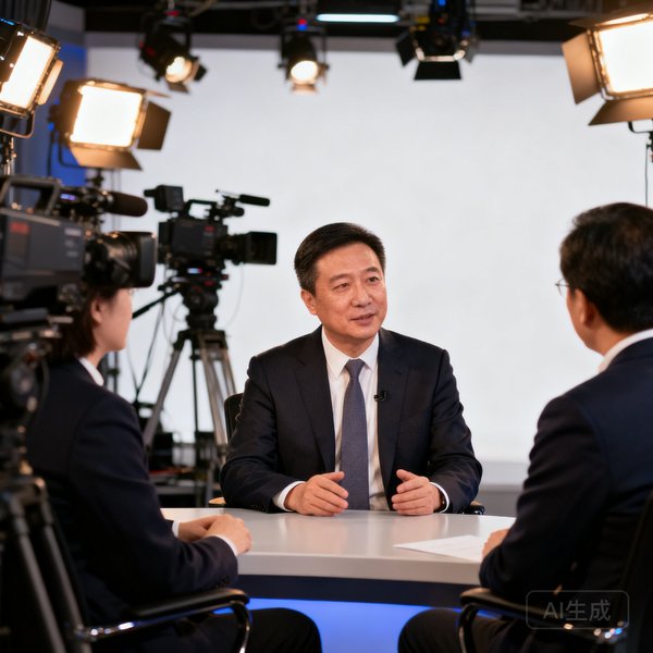 COO王晓东正在演播室中与嘉宾交谈，背景是专业的灯光设备和摄像机，展现其资深媒体人风采。